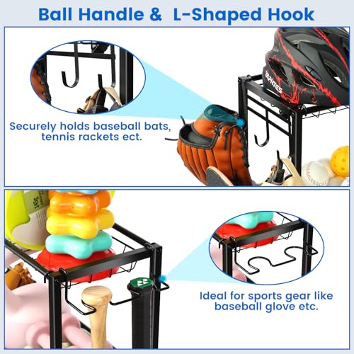Sport Equipment Organizer for Garage, Steel Basketball Rack with Bat Holder and Hooks, Easy Assembly Storage for Balls, Kids' Toys, Workout Gear, Home Gym, Outdoor - view 4