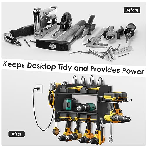 Modular Power Tool Organizer Wall Mount Charging Station, Black 6 Drills Holder with 8 Plug Power Strip 10FT, Garage Drill Battery Heavy Duty Metal Shelf, Utility Rack with Hooks, Side Storage. - view 4