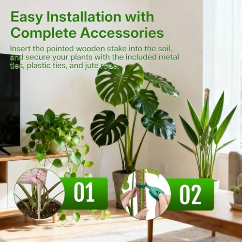 2 Pack 31.5 Inch Bendable Moss Pole for Plants Monstera - Coco Coir Plant Support Stakes for Climbing Indoor Pothos, Potted Climbers & Philodendron - Flexible Stick Kit with Full Garden Ties - view 5