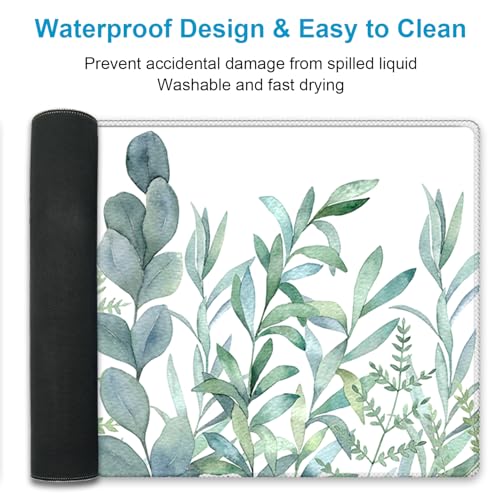 XXL Waterproof Office Desk Pad Protector 31.5x11.8 Inch - Extended Gaming Mouse Pad with Non-Slip Rubber Base, Thickened Keyboard Mat, Stitched Edges & Green Plants Design - view 5