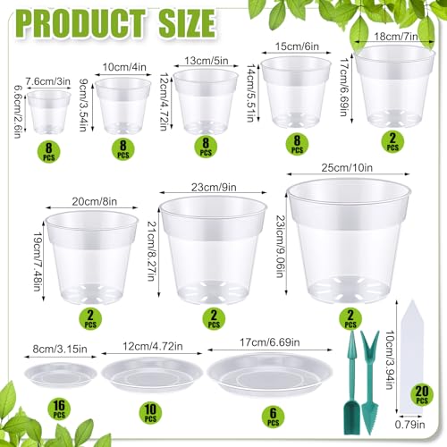 40 Pack Clear Nursery Pots 3/4/5/6/7/8/9/10 Inch Plastic Plant Pots with Drainage Holes and 32 Trays Garden Seedling Pot with 40 Plant Labels 2 Garden Tools for House Plants Flowers - view 2