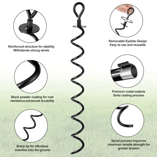 22.4 Inch Ground Anchor Screw in,4 Pack Trampoline Stakes Anchor Kit,Heavy Duty Spiral Windproof Tie Down Kit with T-Hook&Reinforced Safety Straps for Trampolines, Sheds, Playsets&Tents,Black - view 5