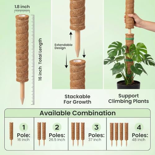 4 Pack 16" Moss Pole Monstera Plant Support - Stackable up to 48" - view 3