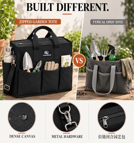 Garden Tool Bag with 9 Pockets & Shoulder Strap, Heavy Duty Gardening Tote Organizer for Tools, Gloves & Supplies, Black - view 4