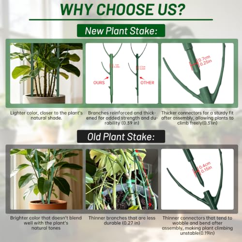 Monstera Plant Support, 6 Pack Upgraded Plant Stakes for Indoor Plants, 0.39 in Thick Stackable House Plant Stakes with Plant Tie & 20 Clips for Pothos, Vine, Climbing Plants - view 3