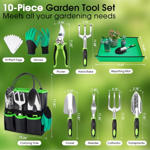 Garden Tools Set, 10 PCS Heavy Duty Gardening Hand Tools Kit, Green - view 2