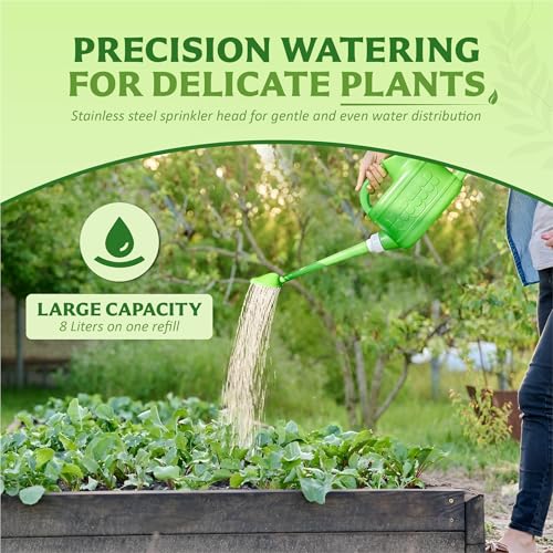8L Plastic Watering Can with Stainless Steel Sprinkler Rose - Durable Garden Watering Jug for Plants & Flowers - Easy Pour Outdoor & Indoor Watering Can - Green - view 3
