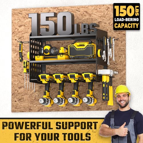Power Tool Organizer, Drill Holder Wall Mount with 2 Side Pegboards with Hooks, 3 Layer Garage Organization Heavy Duty Tool Organizers Utility Rack for 4 Drill Holders Black - view 2