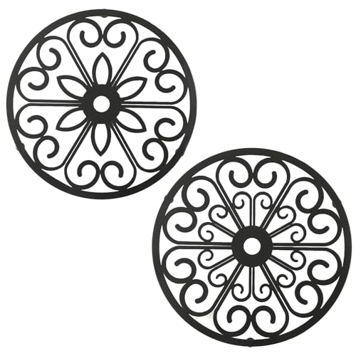 2 Pack Decorative Round Flower Trivets - 7 Inch Iron Pot Pads, Black Elegant Kitchen and Dining Table Protector, Teapot Stands Holders, Metal Plant Holder for Desktop Potted Plant、Small Green Plants
