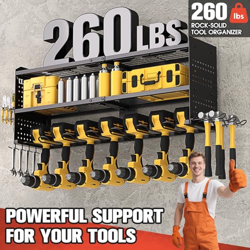 Large Power Tool Organizer with Charging Station, 3 Layer Heavy Duty Modular Wall Mount Rack with 9 Drill Holders for Garage Workshop, Battery Utility Rack with 8-Outlet Power Strip - view 5