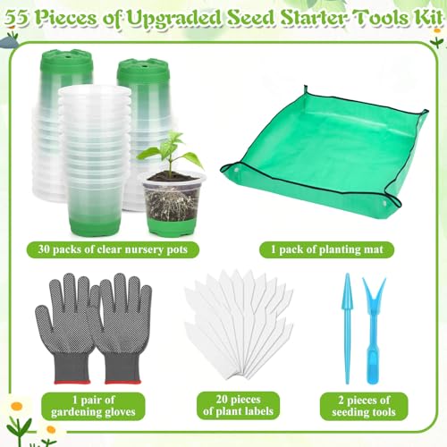 55PCS Reusable Seed Starter Kit Includes 30 Packs 3.5" Clear Nursery Pots with Silicone Base, Repotting Mat, Gardening Gloves, Plant Labels and Seedling Tools for Easy Transplant - view 2