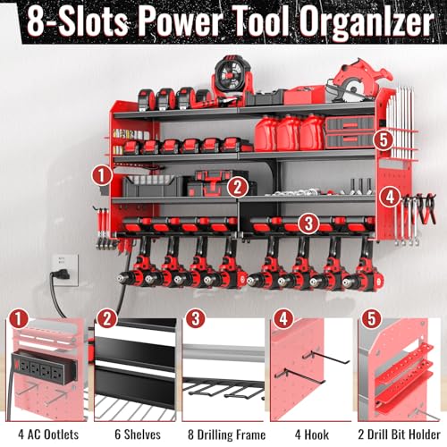 Large Power Tool Organizer Wall Mount with Charging Station, 4 Layer Heavy Duty Metal Cordless Tool Organizer, Tool Storage Rack with 8 Cordless Drill Holder Screwdriver Hammer(Red) - view 4
