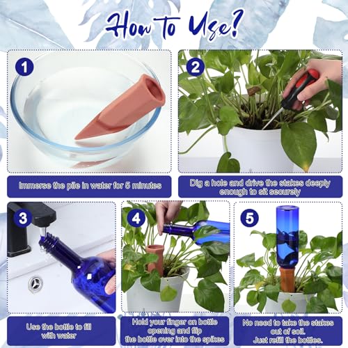 12 Pcs Watering Spikes for Indoor Plants Include Terracotta Self Watering Spikes Devices and 26 oz Plastic Bottles Slow Release Vacation Insert Automatic(Blue) - view 4