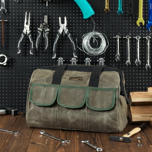 15 Inch Tool Bag, Heavy Duty Waxed Canvas Wide Mouth Water-Resistant Tool Pouch, Garden Tool Tote with 15 Pockets | ArmyGreen - view 6
