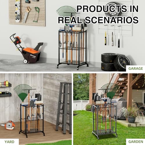 Garden Tool Organizer with Storage Hooks, Yard Tool Tower Rack for Garage Organization and Storage, Up to 35 Long-Handled Tools, Metal Tool Holder with 6 Hooks, Black - view 6