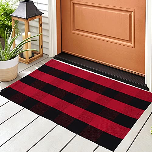 Buffalo Check Door Rug, Layered Cotton Plaid Mat, 35x24 Red & Black - view 3