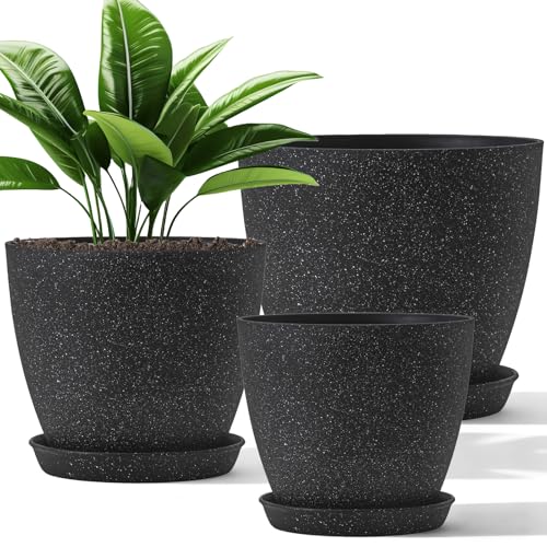 10/9/8 Inch 3 Pack Speckled White Plant Pots with Drainage Holes and Saucers, Indoor Outdoor Decor Planters for Succulents, Herbs and Houseplants