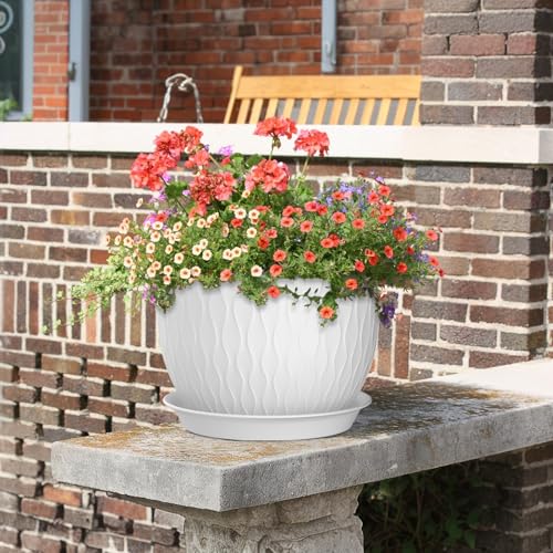 12/10/9 inch Large Plant Pots, 3 Pack Wide Flower Pots for Outdoor Indoor Plants with Water Ripples, Big Plastic Planters with Drainage Holes and Saucers for Garden House Plants, White - view 6