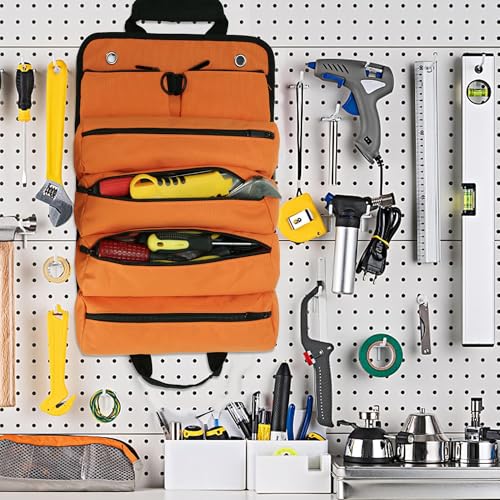 Tool Roll Bag, Tool Bag Organizer, Tool Carrier Roll UP Storage Pouches with 6 Zipper Pockets & Strap, Gifts for Men Mechanic Electrician Hobbyist (Orange) - view 6