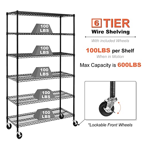 6-Tier Wire Shelving Unit with Wheels, 48x18x72 in, Black - view 5