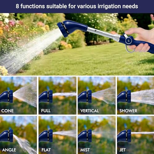 Garden Hose Wand, 16-Inch Heavy Duty Zinc Alloy & Aluminum Watering Wand with 8 Spray Patterns Thumb Control for Hanging Baskets, Garden, Cleaning (Blue) - view 2