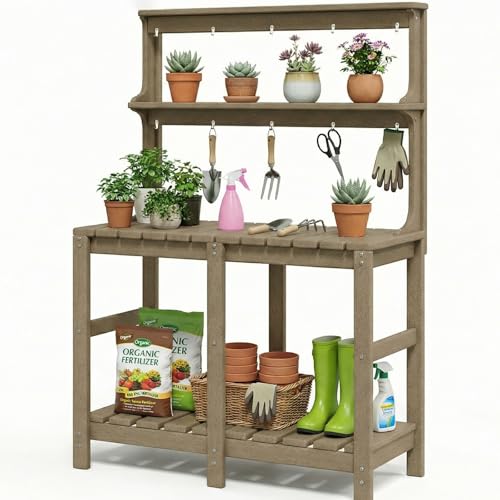 Outdoor Potting Bench with 3 Tier, All-Weather Patio Potting Table with Tool Hooks, HDPE Gardening Table for Backyard, Garden, Brown - view 7