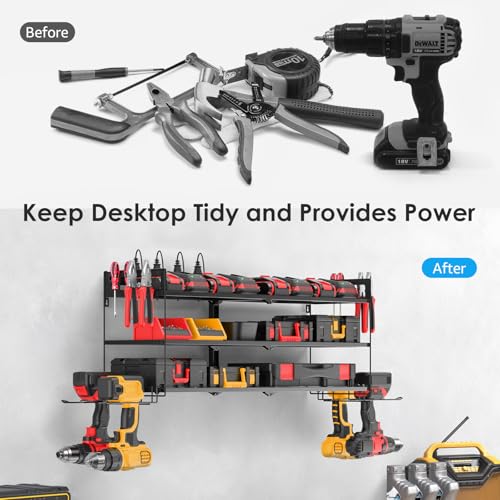 Large Garage Tools Storage with Charging Station. Power Tool Battery Organizer Utility Shelf with Power Strip. 4 Drills Holder Wall Mount Rack, Black 3 Layer. - view 7