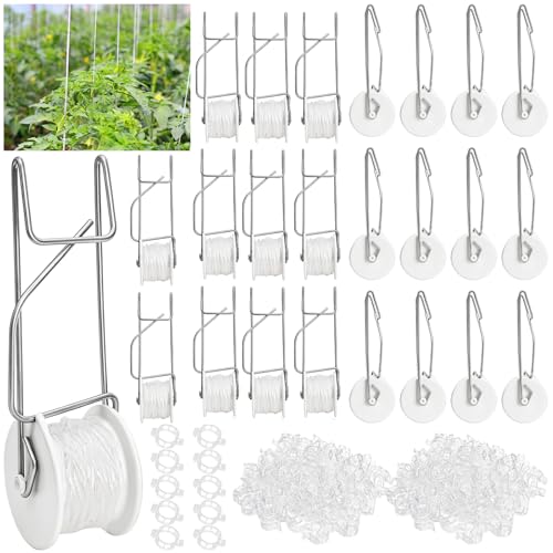 24 Pack Tomato Roller Hooks with 49.2 Feet String and 240 Pcs Clips for Tomato Support Trellis, Grape, Climbing Plants, Greenhouse, Flower Vine, Garden Twine Crop