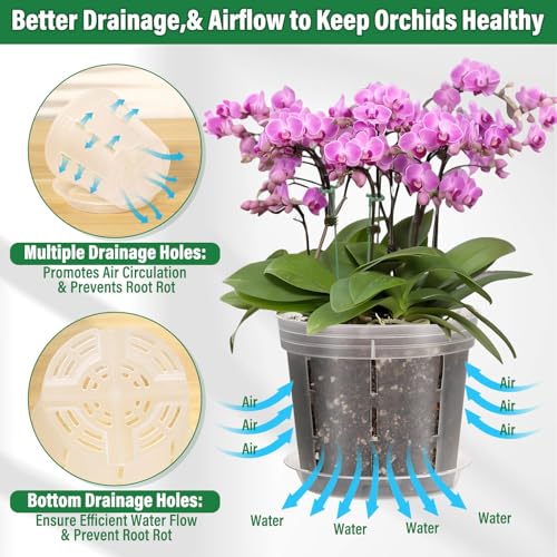 12 Pack Plastic Orchid Pots with Holes, 4, 5, 6 Inch Clear Orchid Pots for Repotting with Saucers Drainage and Plant Stakes, Large Small Breathable Orchids Planter Plant Pot - view 4