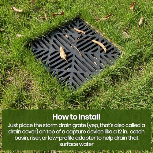 2 Pack 12 Inch Catch Basin Drain Grate, Fiberglass Reinforced Polyethylene Square Drain Cover for Yard Patio Driveway Drainage, Black - view 6