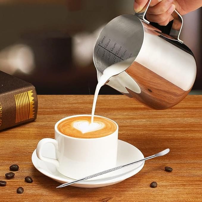 Milk Frothing Pitcher, 600ml (20oz) Milk Frother Cup Stainless Steel Jug Steaming Pitcher, Milk Coffee Cappuccino Latte Art Barista Steam Pitchers Milk Jug Cup with Decorating Pen - view 2