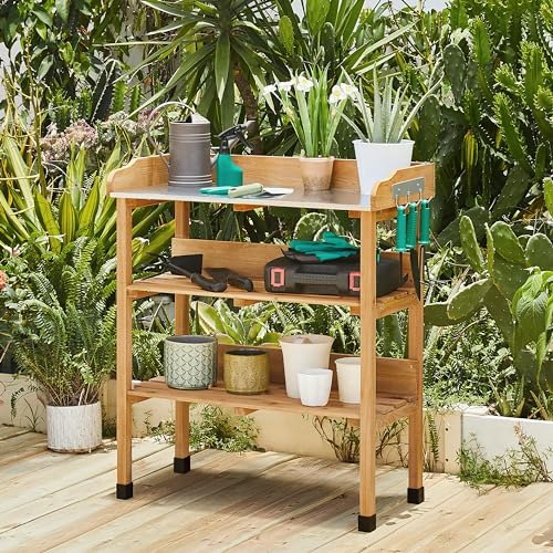 Potting Bench Outdoor Console Table w/3-Tier Storage,Natural Wood - view 2