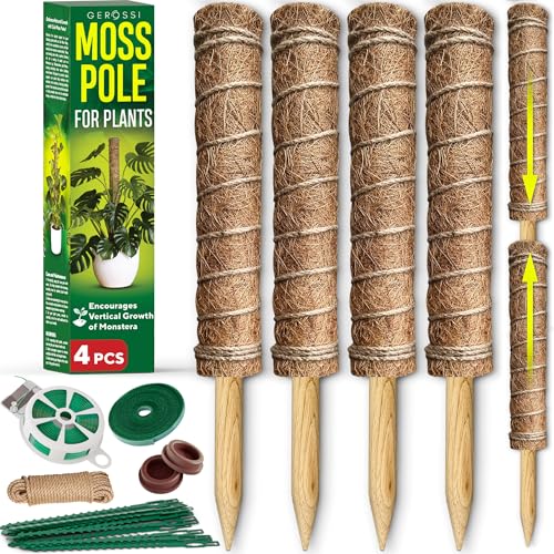 Premium Moss Pole for Plants 4-Pack - 48 Inch Sturdy Plant Support Stakes - 16.5" Extendable Poles for Monstera & Climbing Plants - 100% Natural Sticks - Complete Kit w/Ties, Hook & Loop Tape & Rope