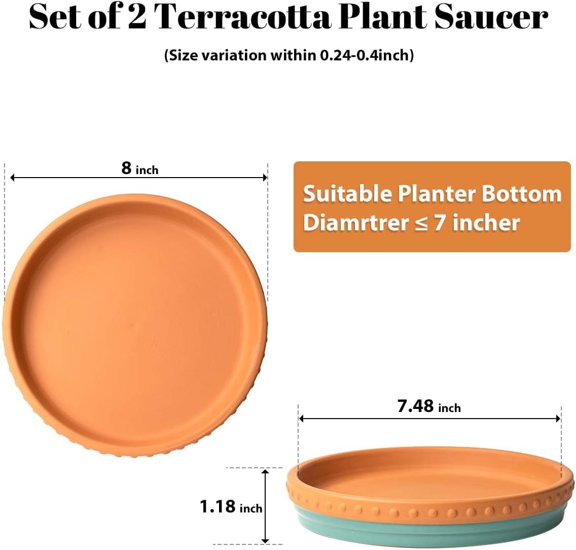 Plant Saucers, 8" Plant Trays to Catch Water, 2 Pcs, Premium Terracotta | Glazed turquoise and terracotta ceramic Flower Pot Saucers fit pots up to 7", catches excess water. - view 4