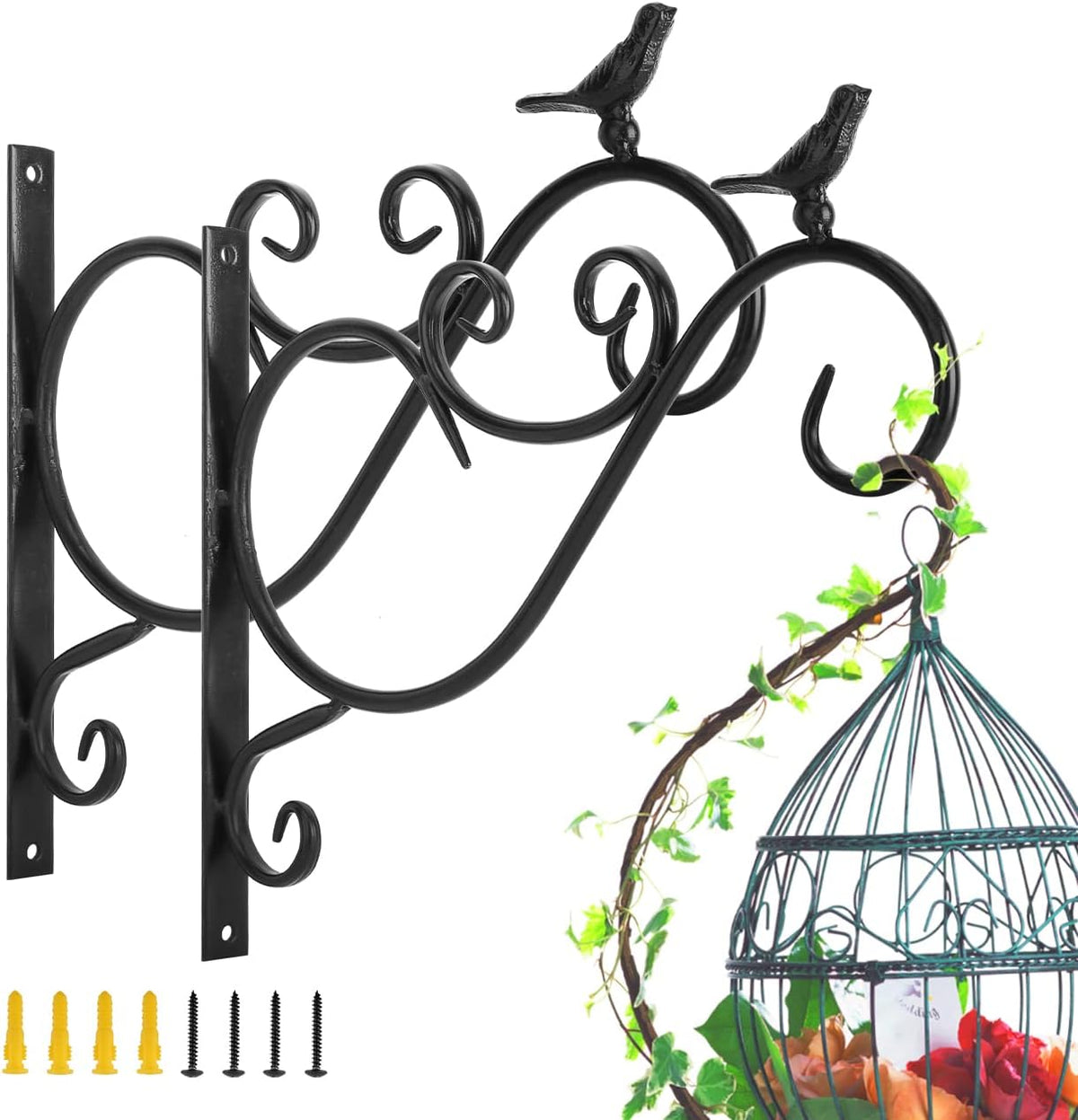 2 Pack Wall Hanging Plant Bracket | 12" Retro Iron Metal Wall Décor Shepards Hook Lantern Wall Hanger for Hanging Plants Outdoor, Bird Feeders, Bird 01 - Black