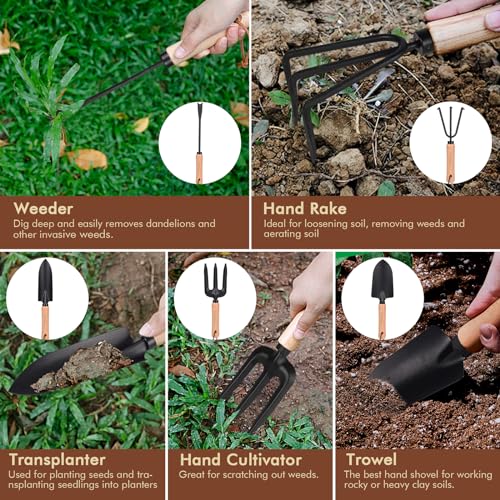 Garden Tools - 10Pcs Garden Tool Set Heavy Duty Stainless Steel Gardening Supplies Hand Tools with Wooden Handle, Storage Tote Bag, Ideal Gardening Gifts for Women and Men, Black - view 4