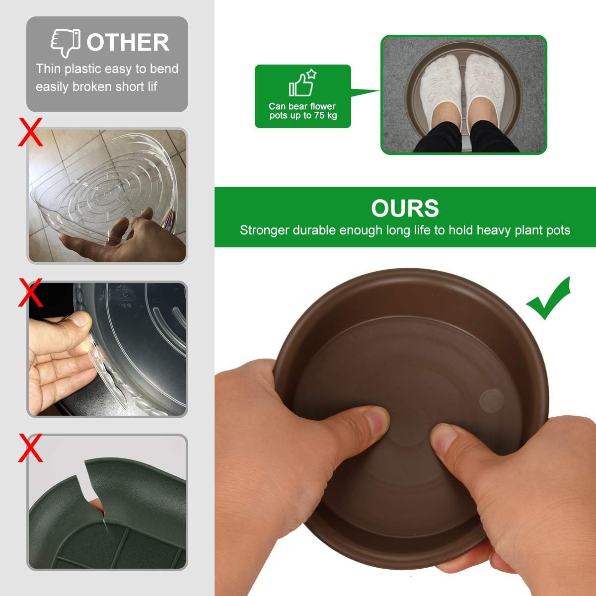 Plant saucer 10 inch, heavy large planter durable thicker plastic plant trays for indoors and outdoor, plant saucer drip trays, brown (10" - 3 pack) - view 7