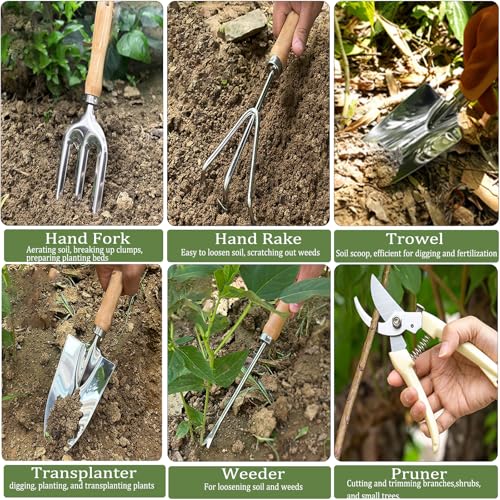 Garden Tool Set, 12 Pieces Heavy Duty Gardening Hand Tools with Garden Tools Organizer Handbag, Apron, Rust-Proof Stainless Steel Gardening Kit, Wood Handle, Ideal Garden Gifts for Women Men - view 6