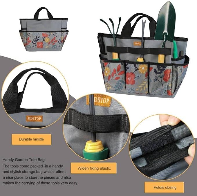 Garden Tool Bag, Garden Tool Kit Holder Home Organizer Storage Carrier, Oxford Garden Hand Tool Storage Tote Organizer with Handle and 8 Roomy Pockets, Floral Gardening Gift, Tools Not Included - view 3