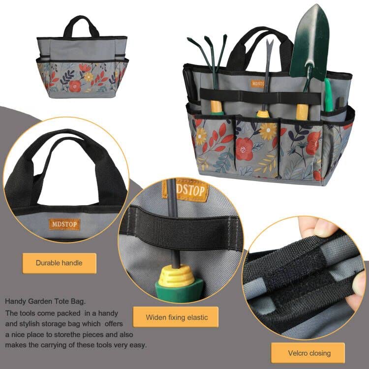Garden Tool Bag, Garden Tool Kit Holder Home Organizer Storage Carrier, Oxford Garden Hand Tool Storage Tote Organizer with Handle and 8 Roomy Pockets, Floral Gardening Gift, Tools Not Included - view 3