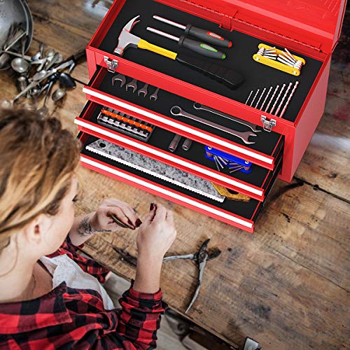 21-inche Tool Box, Portable 3 Drawer Steel Toolbox with Top Storage Tray & Carrying Handle, Double Latch System, Tool Storage Chest Hand Carry Tool Cases for Garage Trunk Household, Red - view 2