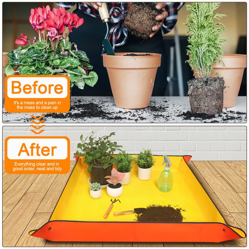 39.5" x 31.5" Large Repotting Mat for Indoor Plants Transplanting and Potting Soil Mess Control, Waterproof Portable Succulent Plant Repotting Tray Gardening Gifts for Women, Orange - view 2