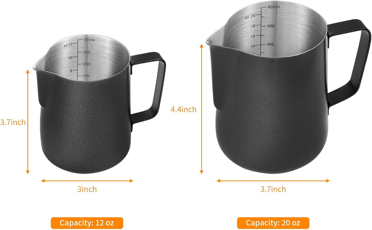 2 Pack Matte Black Milk Frothing Pitcher, 12oz/350ml & 20oz/600ml Espresso Steaming Pitcher, Stainless Steel Milk Frother Steamer Cup, Perfect for Espresso Coffee Cappuccino Latte Art - view 2