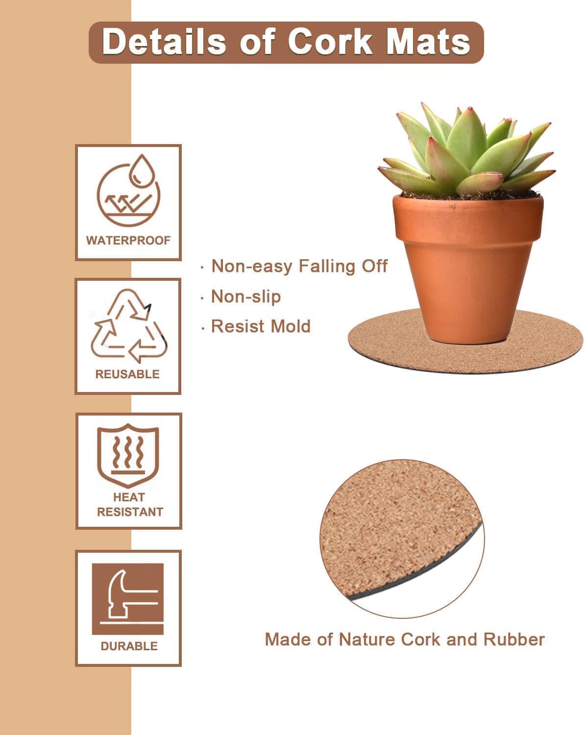 12 Inch Cork Plant Coasters, 2 Pack Large Round Plant Mats for Planters - view 3