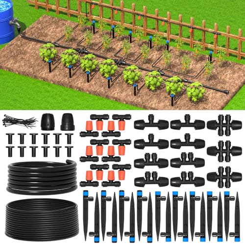 Greenhouse Micro Drip Irrigation Kit Automatic Irrigation System Patio Misting Plant Watering System with 1/4 inch 1/2 inch Irrigation Tubing Hose Adjustable Nozzle Emitters Barbed Fittings