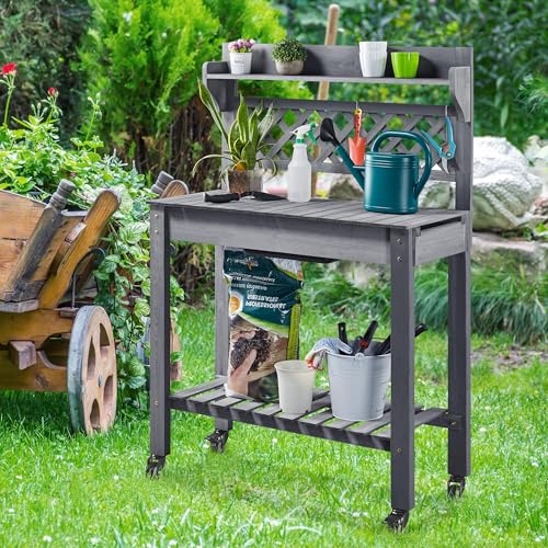 Outdoor Potting Bench with Sink, Garden Table, Lower Shelf,Gray - view 4
