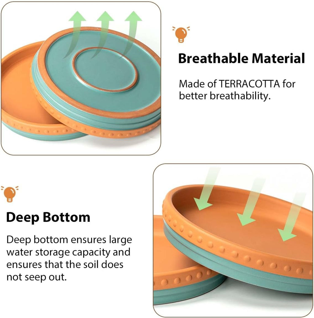 Plant Saucers, 8" Plant Trays to Catch Water, 2 Pcs, Premium Terracotta | Glazed turquoise and terracotta ceramic Flower Pot Saucers fit pots up to 7", catches excess water. - view 5