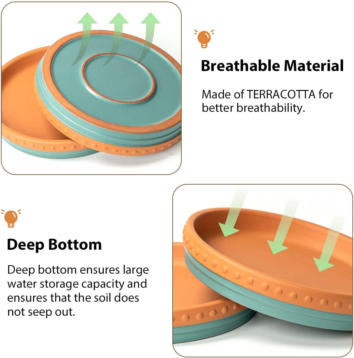 Plant Saucers, 8" Plant Trays to Catch Water, 2 Pcs, Premium Terracotta | Glazed turquoise and terracotta ceramic Flower Pot Saucers fit pots up to 7", catches excess water. - view 5
