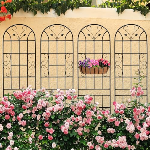 4 Pack Metal Garden Trellis 86.7" Tall Outdoor Climbing Plant Support for Roses, Flowers, Rustproof Durable Black Galvanized Tube, Lawn Garden Fence Decor Screen (4, Black curves-86.7" H) - view 2