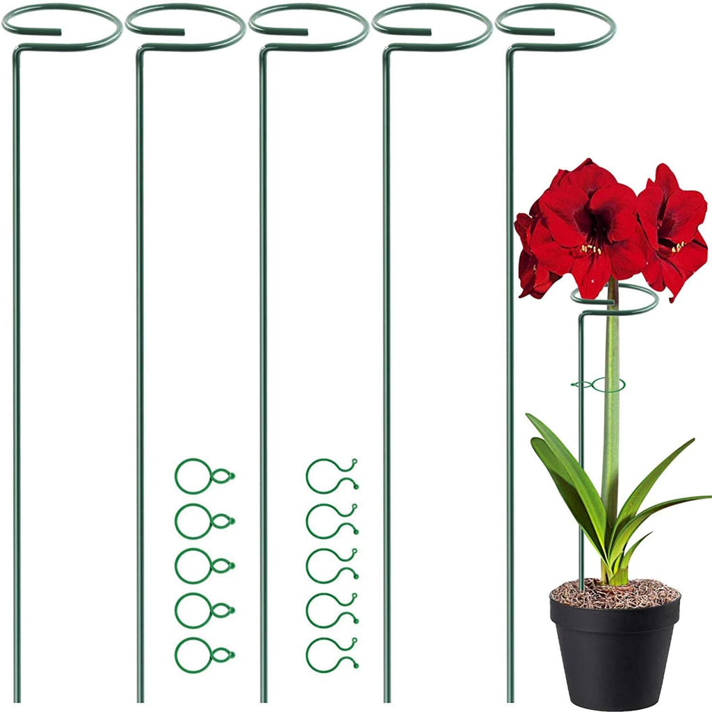 17 inch Plant Support Stakes, 4mm Thick Garden Single Stem Flower Support Stake Amaryllis Plant Cage Support Rings with 10 pcs Plant Clips for Tomato Orchid Lily Peony Rose Flower Stem-5 Pack